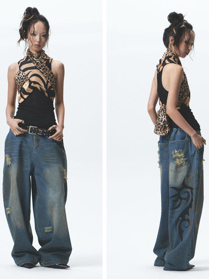 NONAME SPACE Washed Print Rhinestone Distressed High Waist Women&