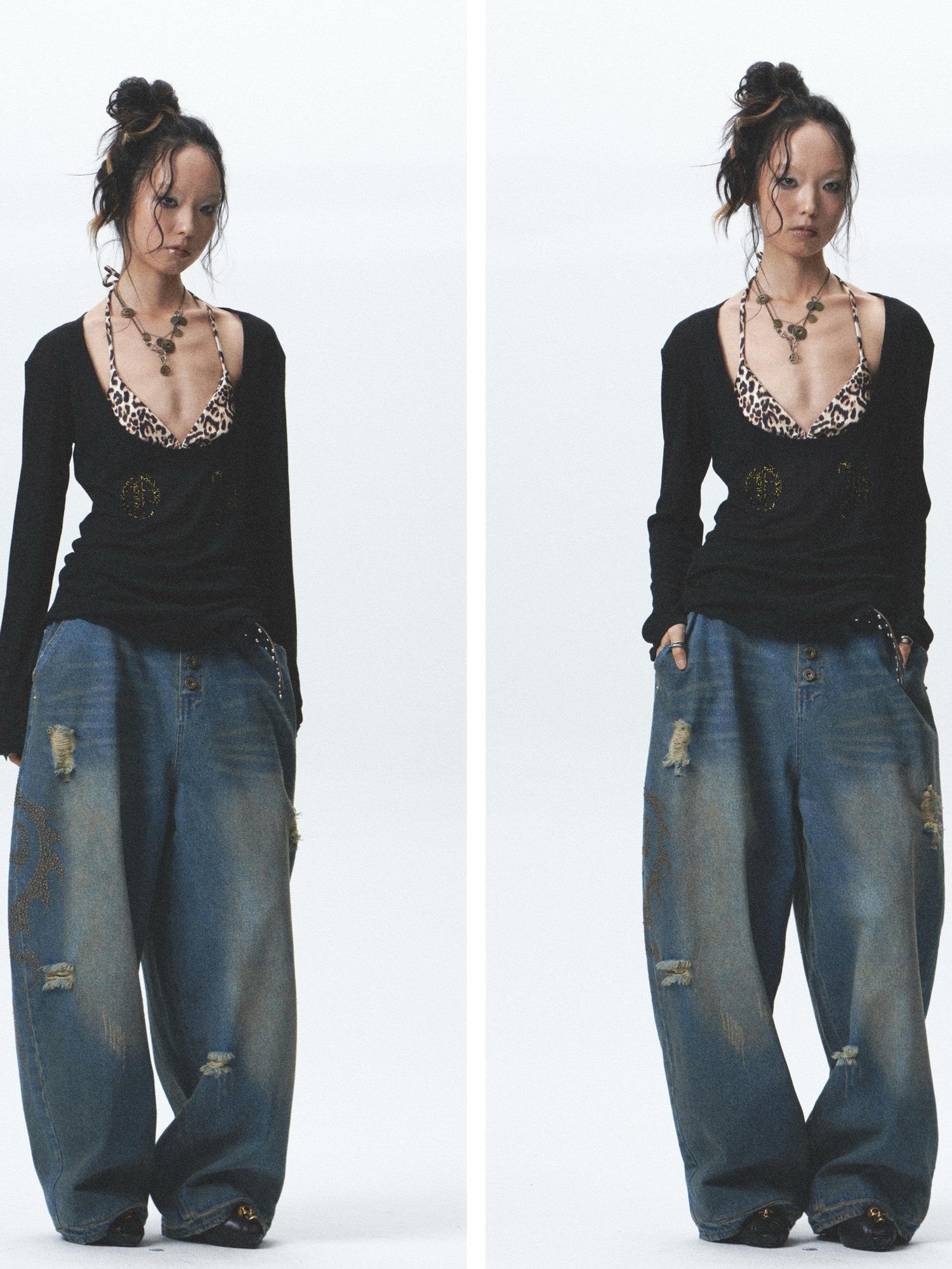 NONAME SPACE Washed Print Rhinestone Distressed High Waist Women&