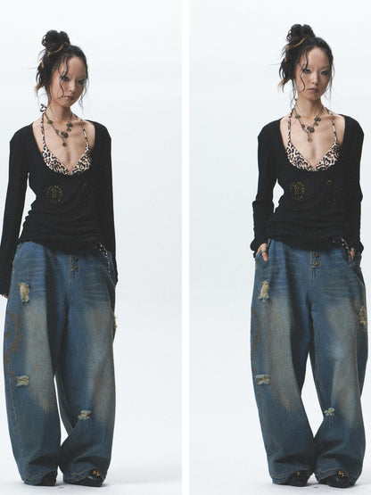 NONAME SPACE Washed Print Rhinestone Distressed High Waist Women&