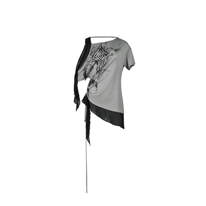 NORTH NODE Almond Gray Asymmetric Spliced Ruched Print Women&