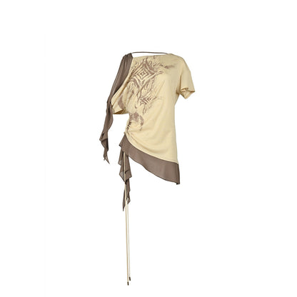 NORTH NODE Almond Gray Asymmetric Spliced Ruched Print Women&