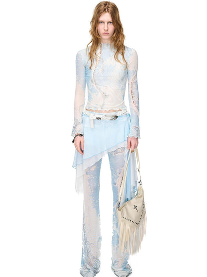 NORTH NODE Abstract Print Lettuce Edge Mock Neck Women&