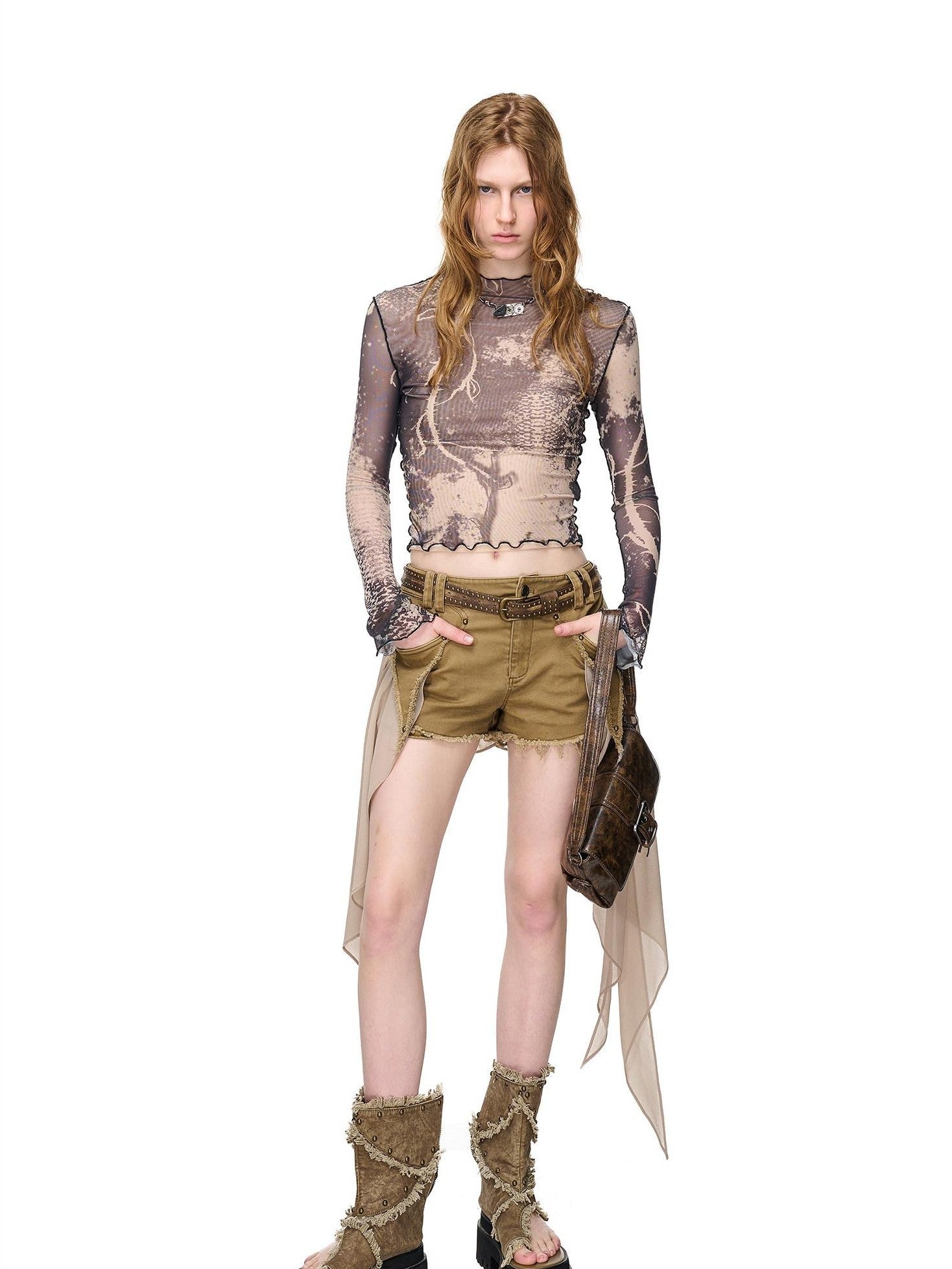 NORTH NODE Abstract Print Lettuce Edge Mock Neck Women&