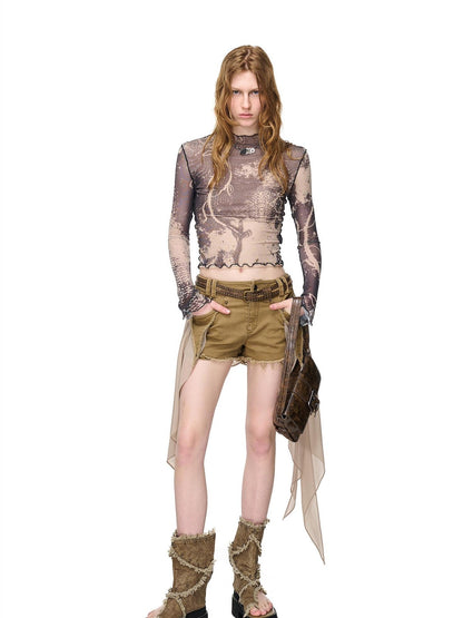 NORTH NODE Abstract Print Lettuce Edge Mock Neck Women&