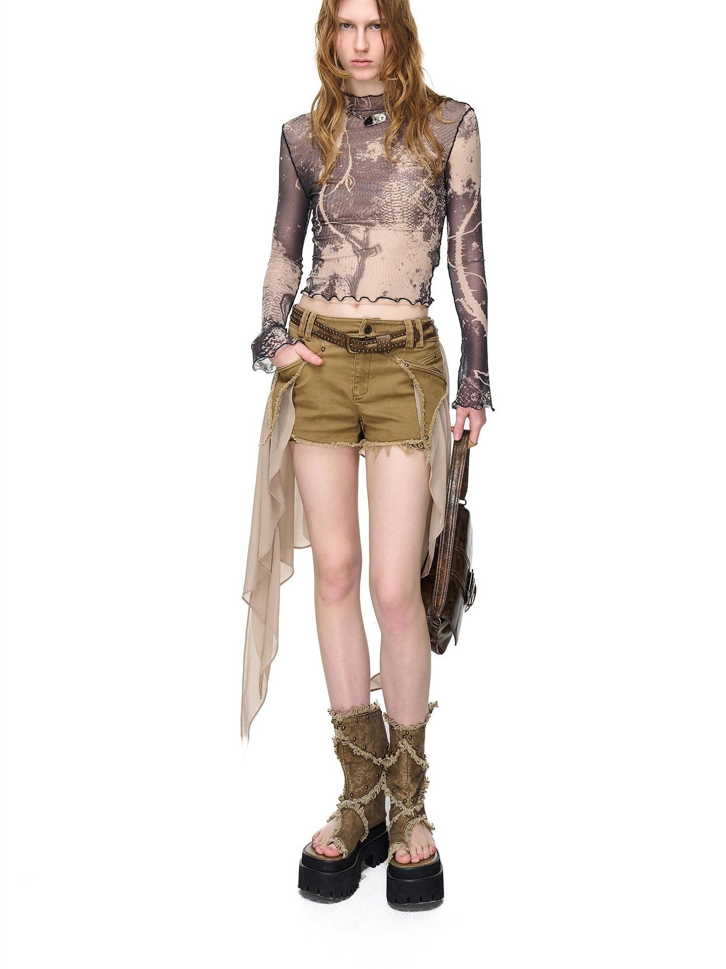 NORTH NODE Abstract Print Lettuce Edge Mock Neck Women&