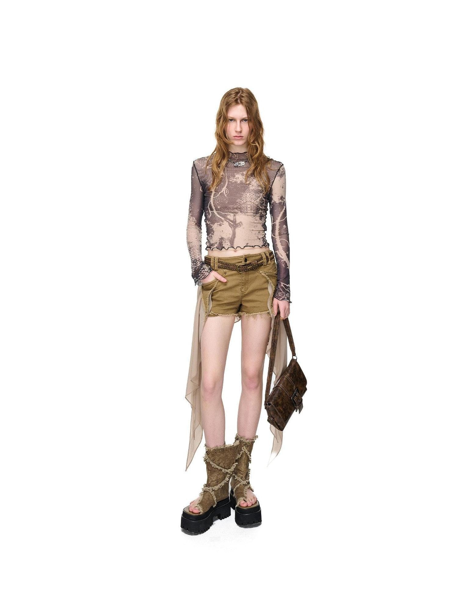 NORTH NODE Abstract Print Lettuce Edge Mock Neck Women&