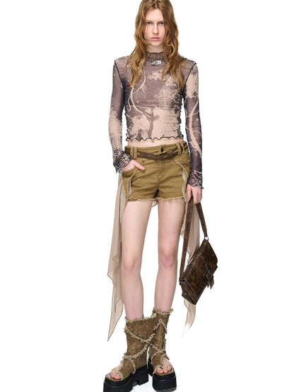NORTH NODE Abstract Print Lettuce Edge Mock Neck Women&