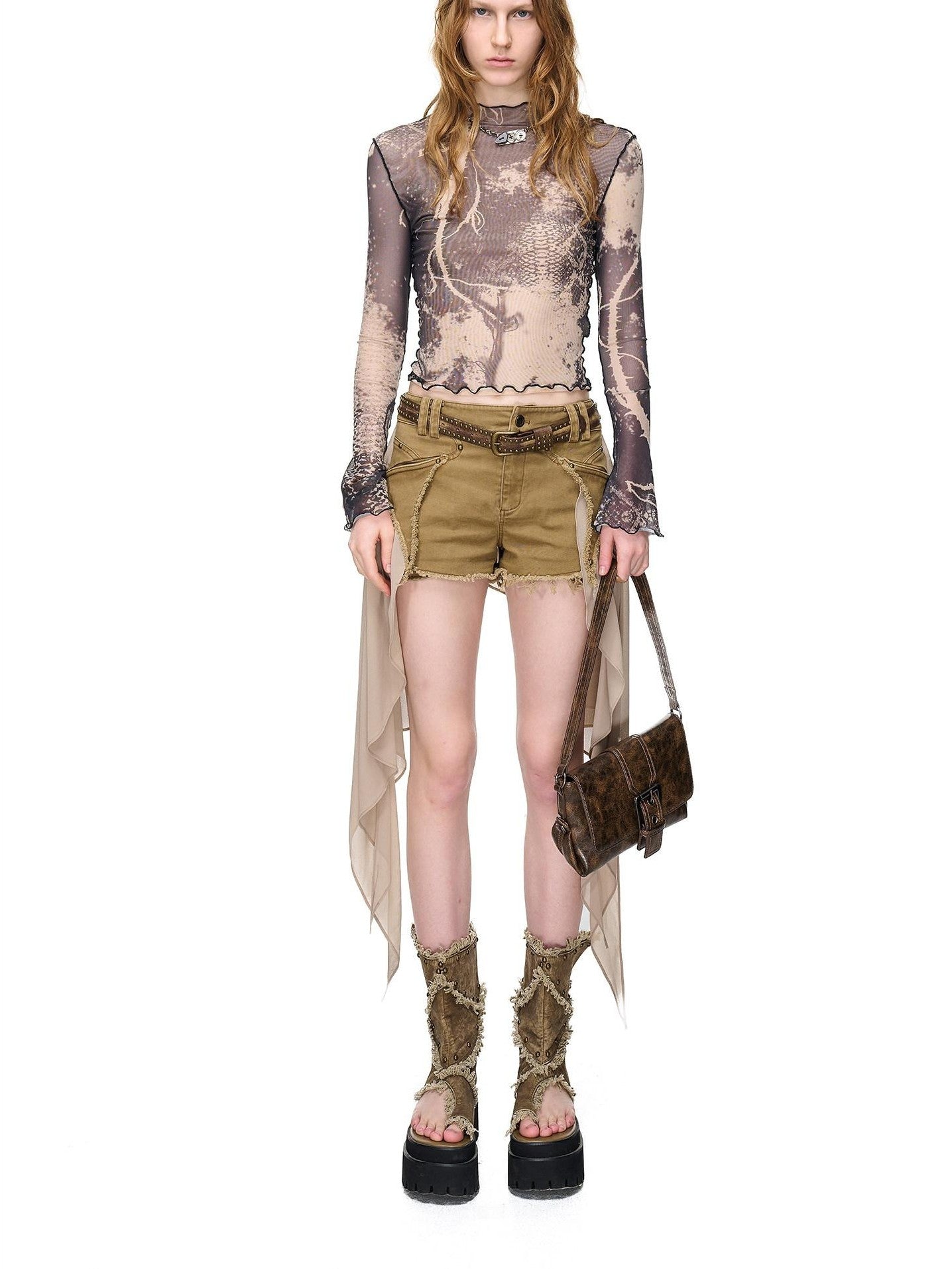 NORTH NODE Abstract Print Lettuce Edge Mock Neck Women&