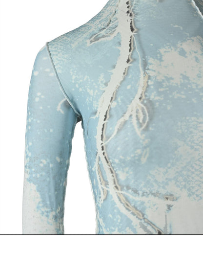 NORTH NODE Abstract Print Lettuce Edge Mock Neck Women&