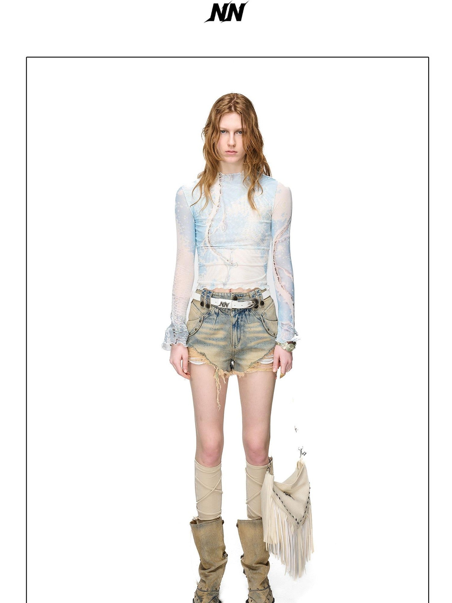 NORTH NODE Abstract Print Lettuce Edge Mock Neck Women&