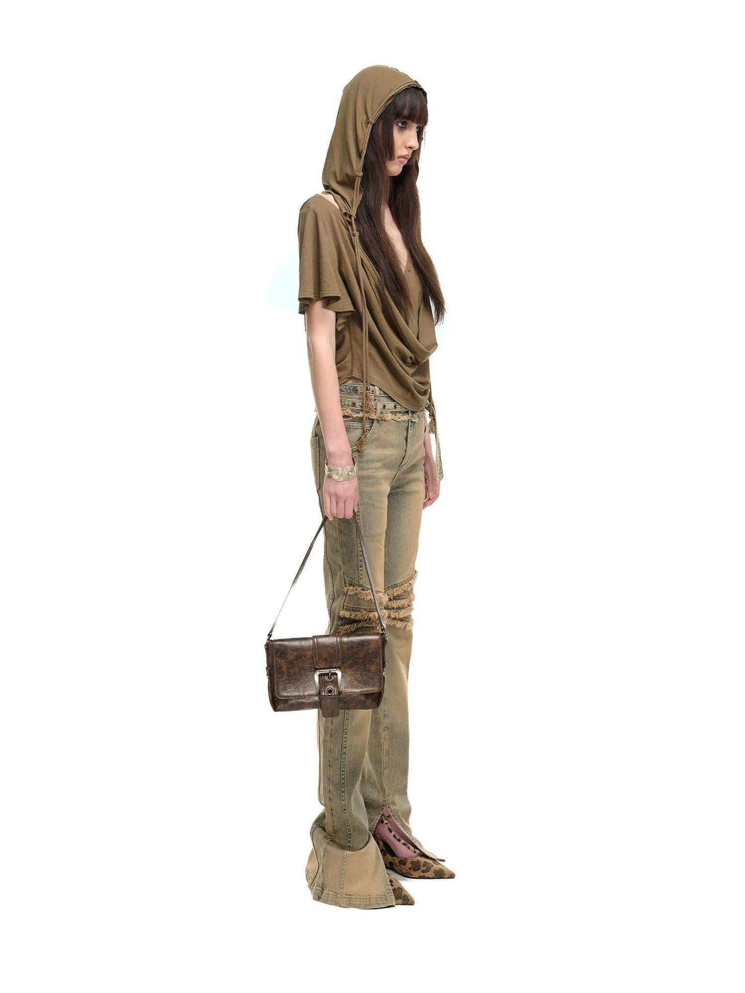 NORTH NODE Almond Faux Layered Hooded Ruched Drape Neck Women&