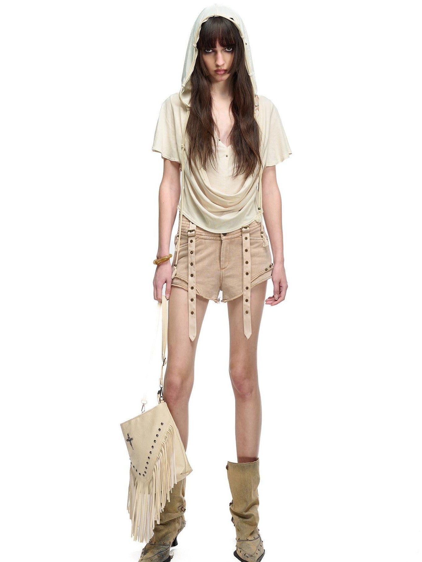 NORTH NODE Almond Faux Layered Hooded Ruched Drape Neck Women&