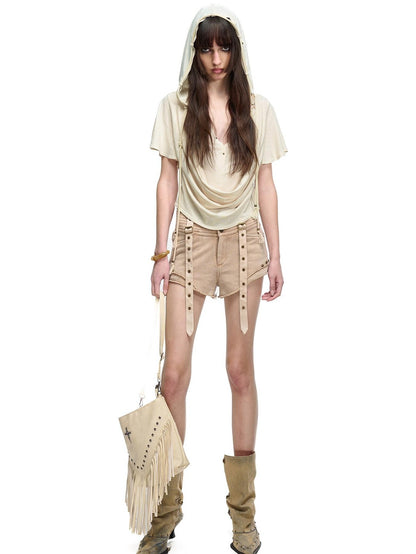 NORTH NODE Almond Faux Layered Hooded Ruched Drape Neck Women&