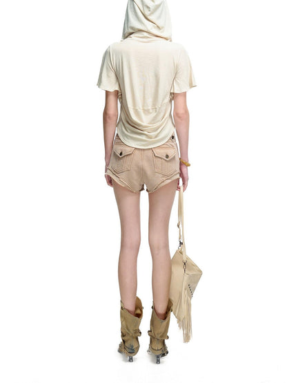 NORTH NODE Almond Faux Layered Hooded Ruched Drape Neck Women&