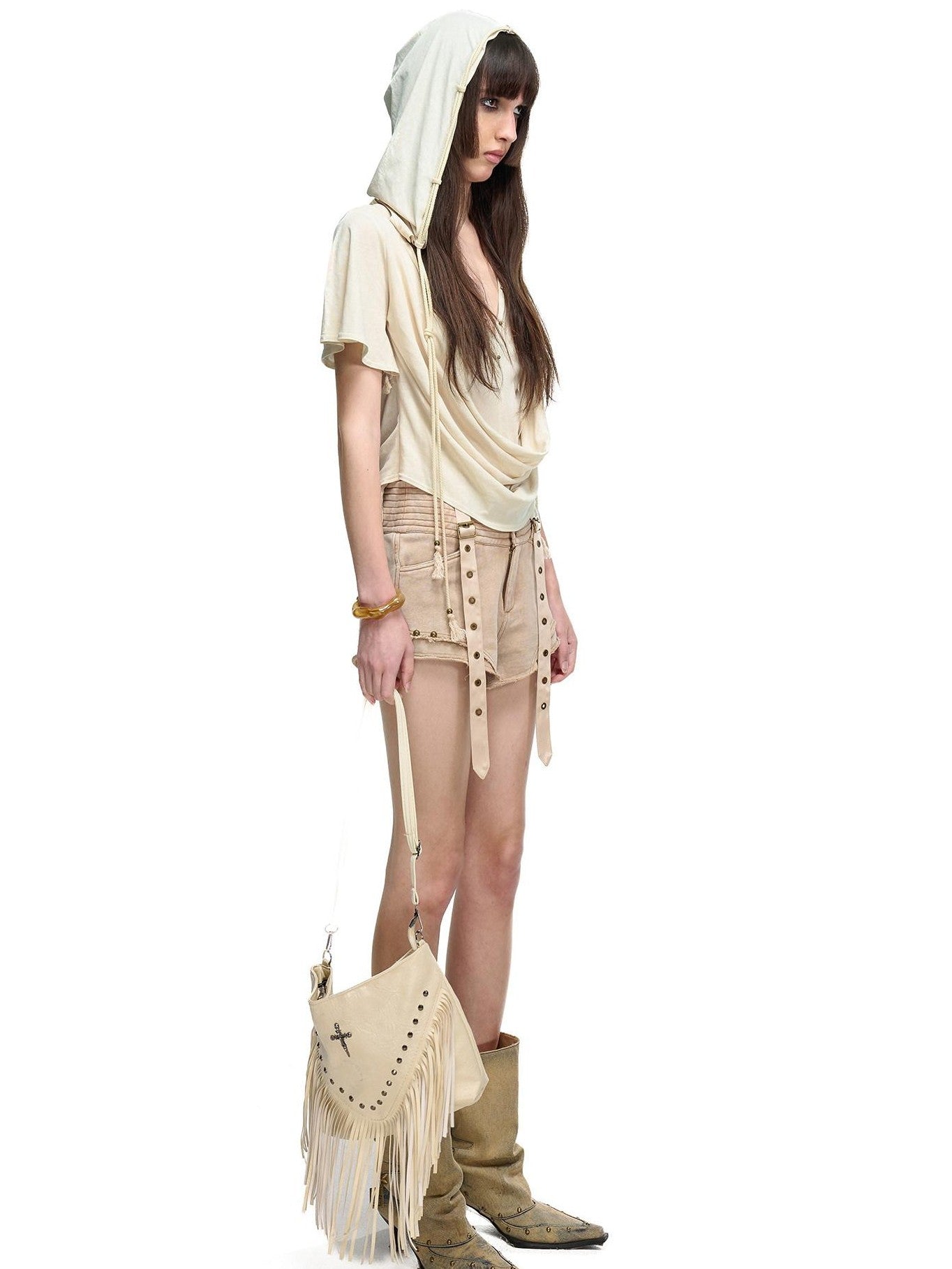 NORTH NODE Almond Faux Layered Hooded Ruched Drape Neck Women&