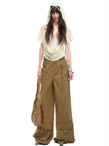 NORTH NODE Almond Faux Layered Hooded Ruched Drape Neck Women&
