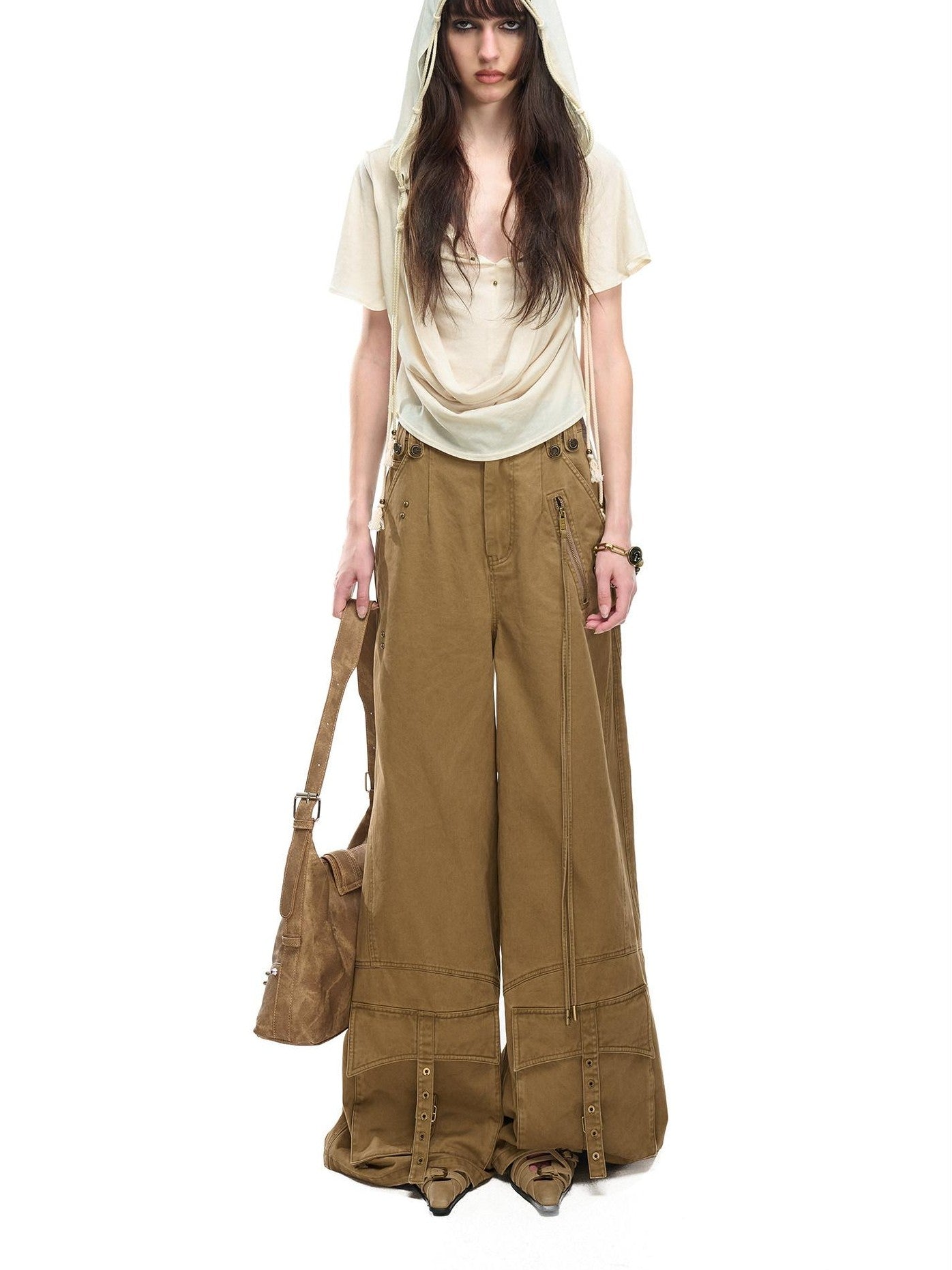 NORTH NODE Almond Faux Layered Hooded Ruched Drape Neck Women&
