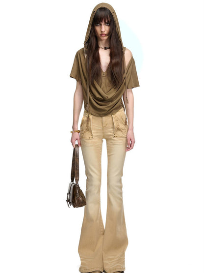NORTH NODE Almond Faux Layered Hooded Ruched Drape Neck Women&