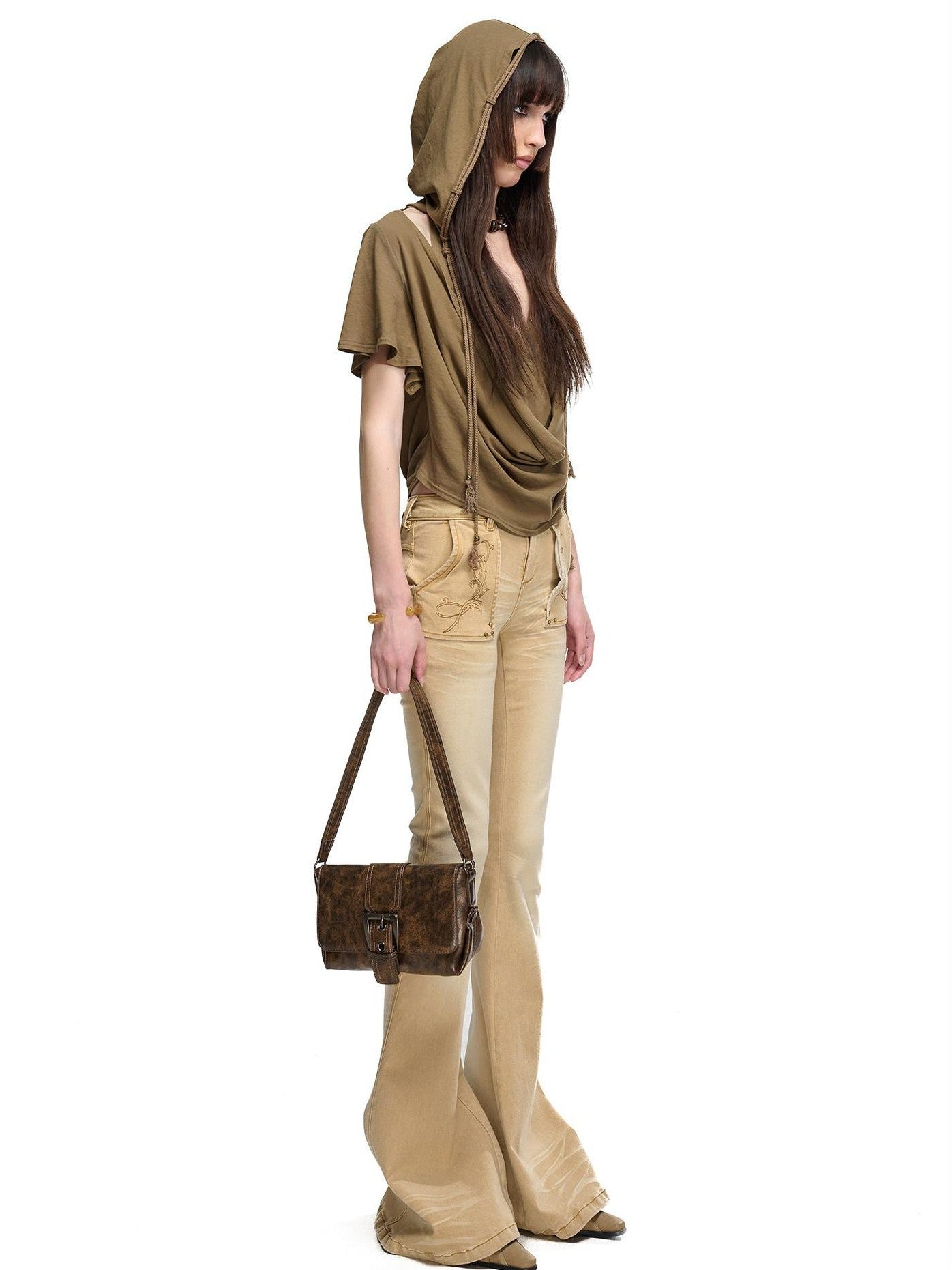 NORTH NODE Almond Faux Layered Hooded Ruched Drape Neck Women&