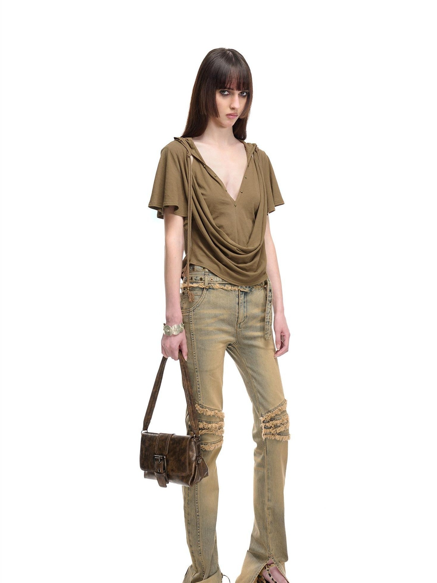 NORTH NODE Almond Faux Layered Hooded Ruched Drape Neck Women&