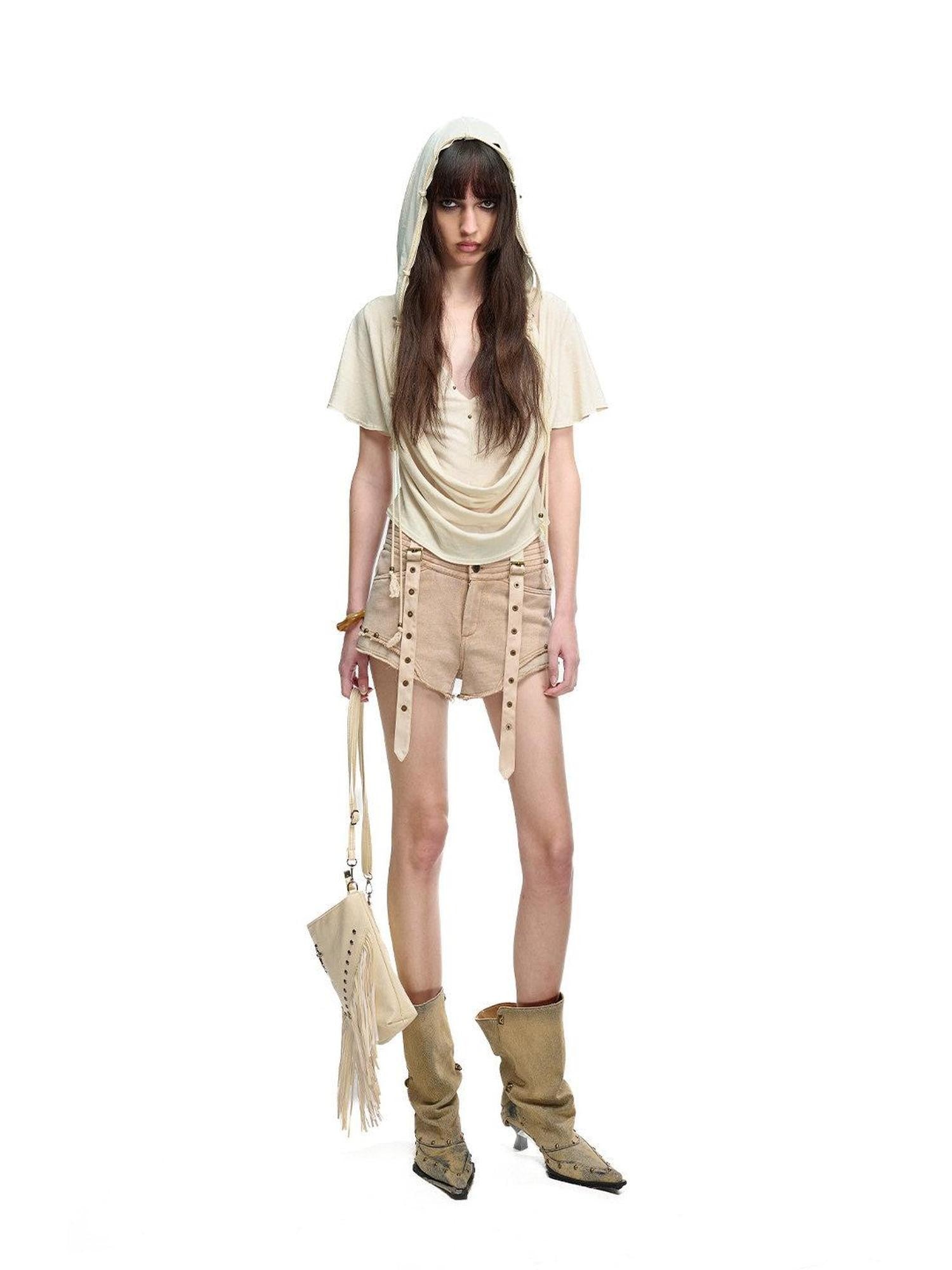 NORTH NODE Almond Faux Layered Hooded Ruched Drape Neck Women&