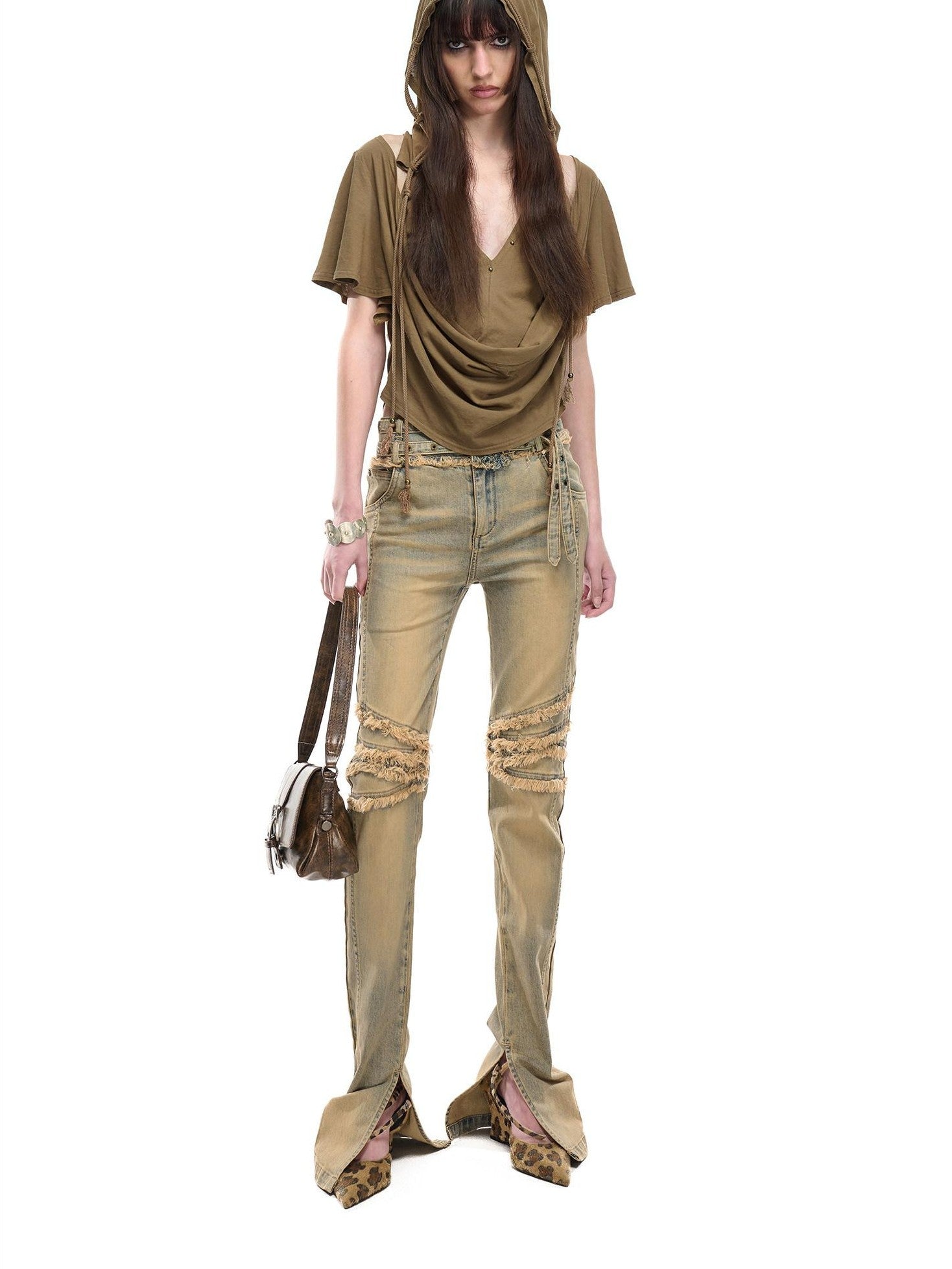 NORTH NODE Almond Faux Layered Hooded Ruched Drape Neck Women&