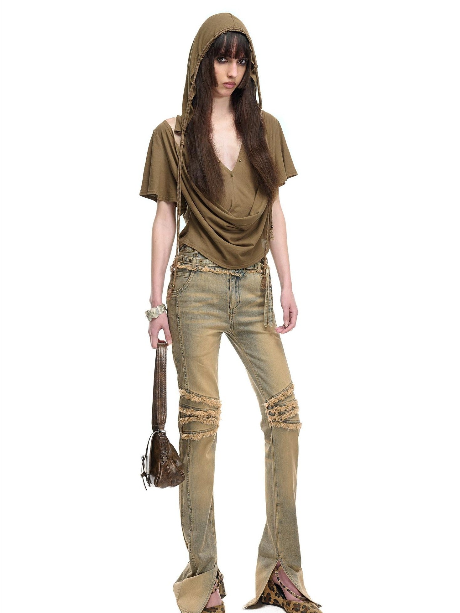 NORTH NODE Almond Faux Layered Hooded Ruched Drape Neck Women&