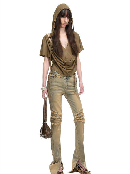 NORTH NODE Almond Faux Layered Hooded Ruched Drape Neck Women&