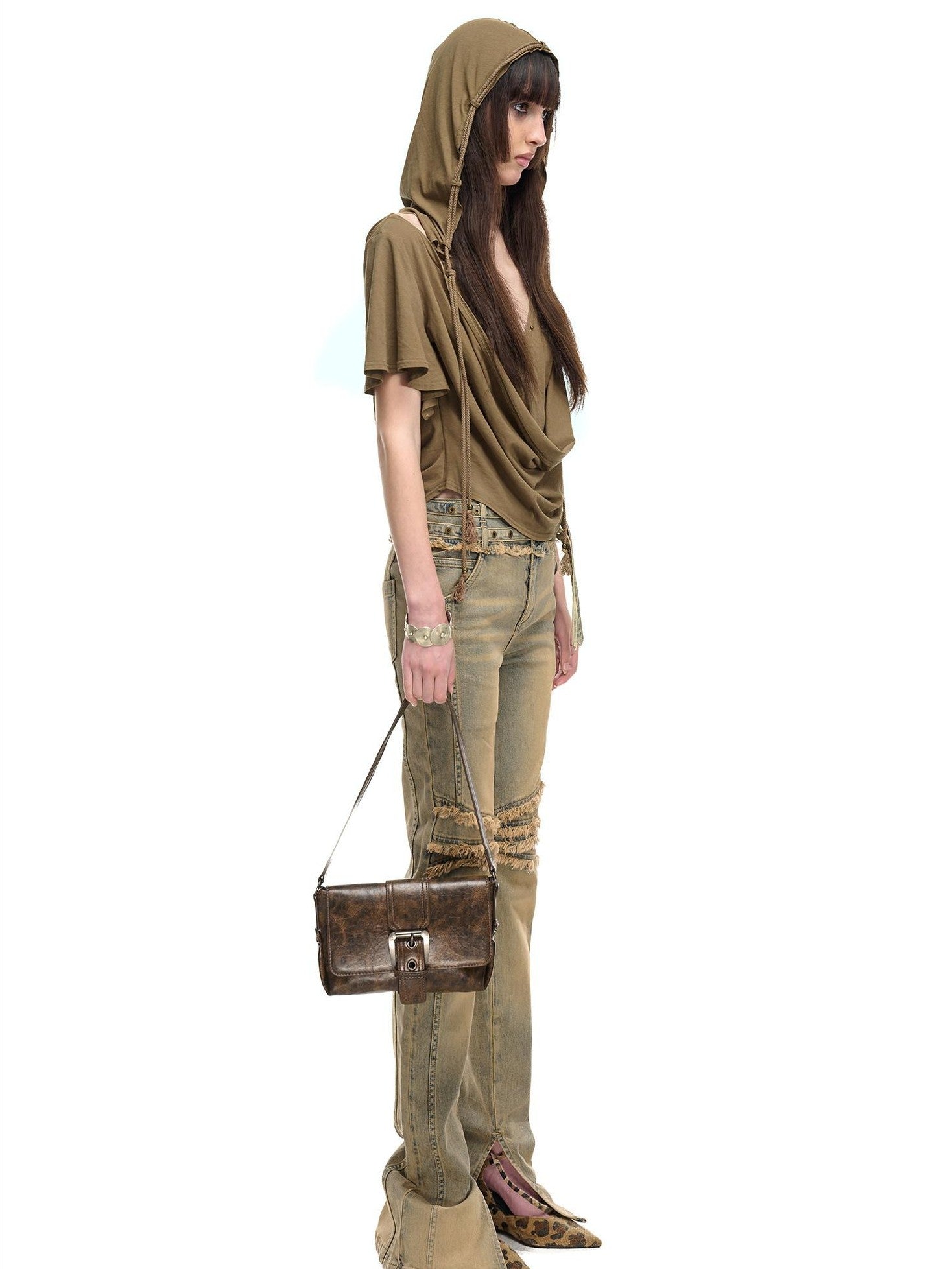 NORTH NODE Almond Faux Layered Hooded Ruched Drape Neck Women&