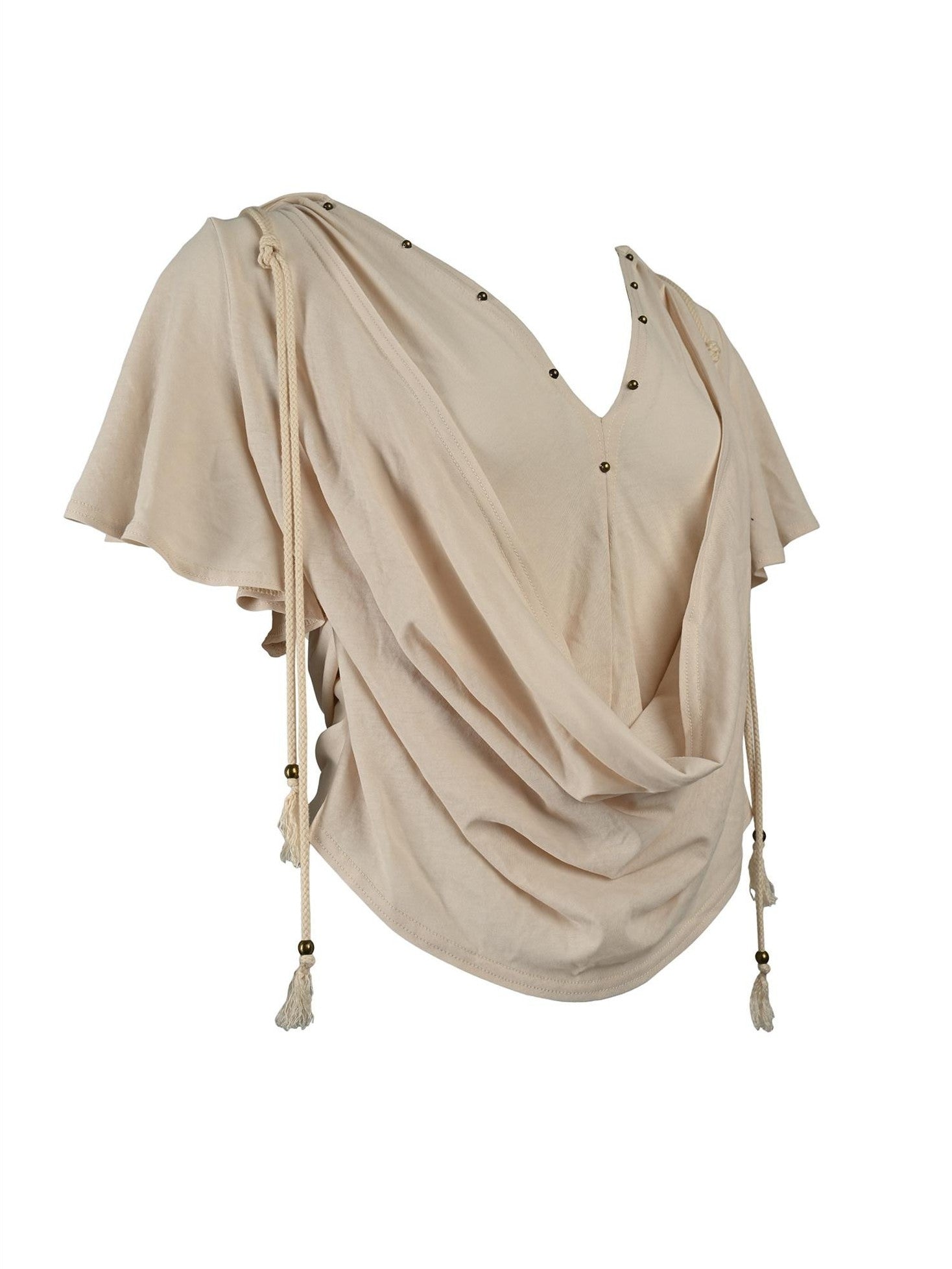 NORTH NODE Almond Faux Layered Hooded Ruched Drape Neck Women&