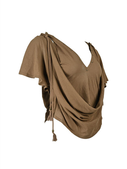 NORTH NODE Almond Faux Layered Hooded Ruched Drape Neck Women&