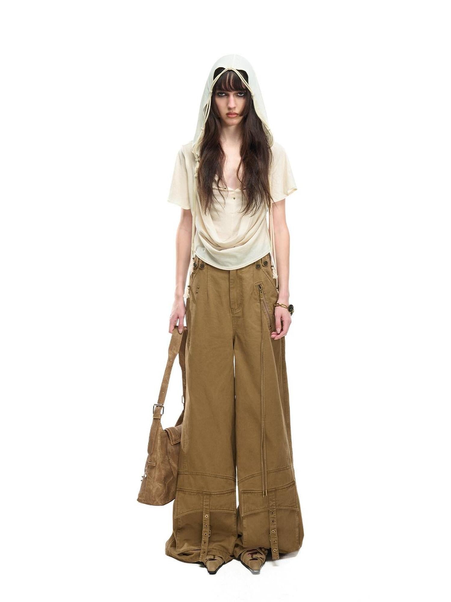NORTH NODE Almond Faux Layered Hooded Ruched Drape Neck Women&