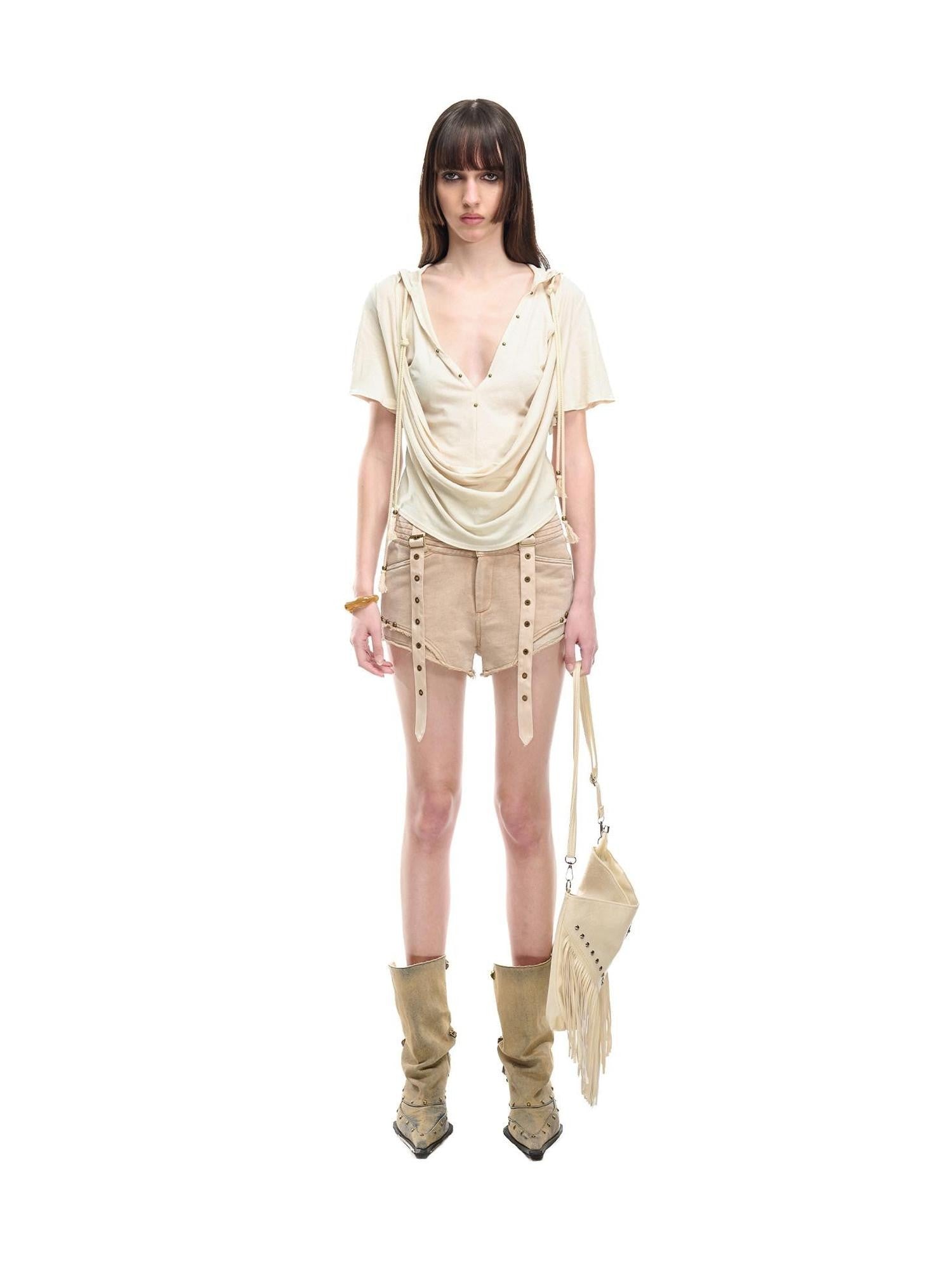 NORTH NODE Almond Faux Layered Hooded Ruched Drape Neck Women&