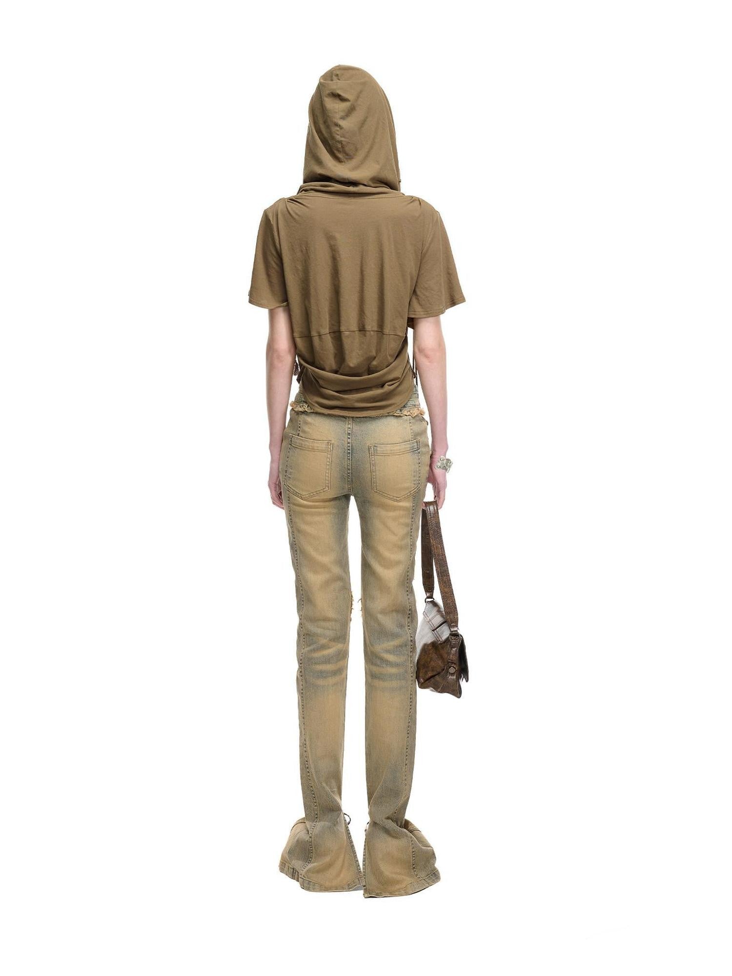 NORTH NODE Almond Faux Layered Hooded Ruched Drape Neck Women&