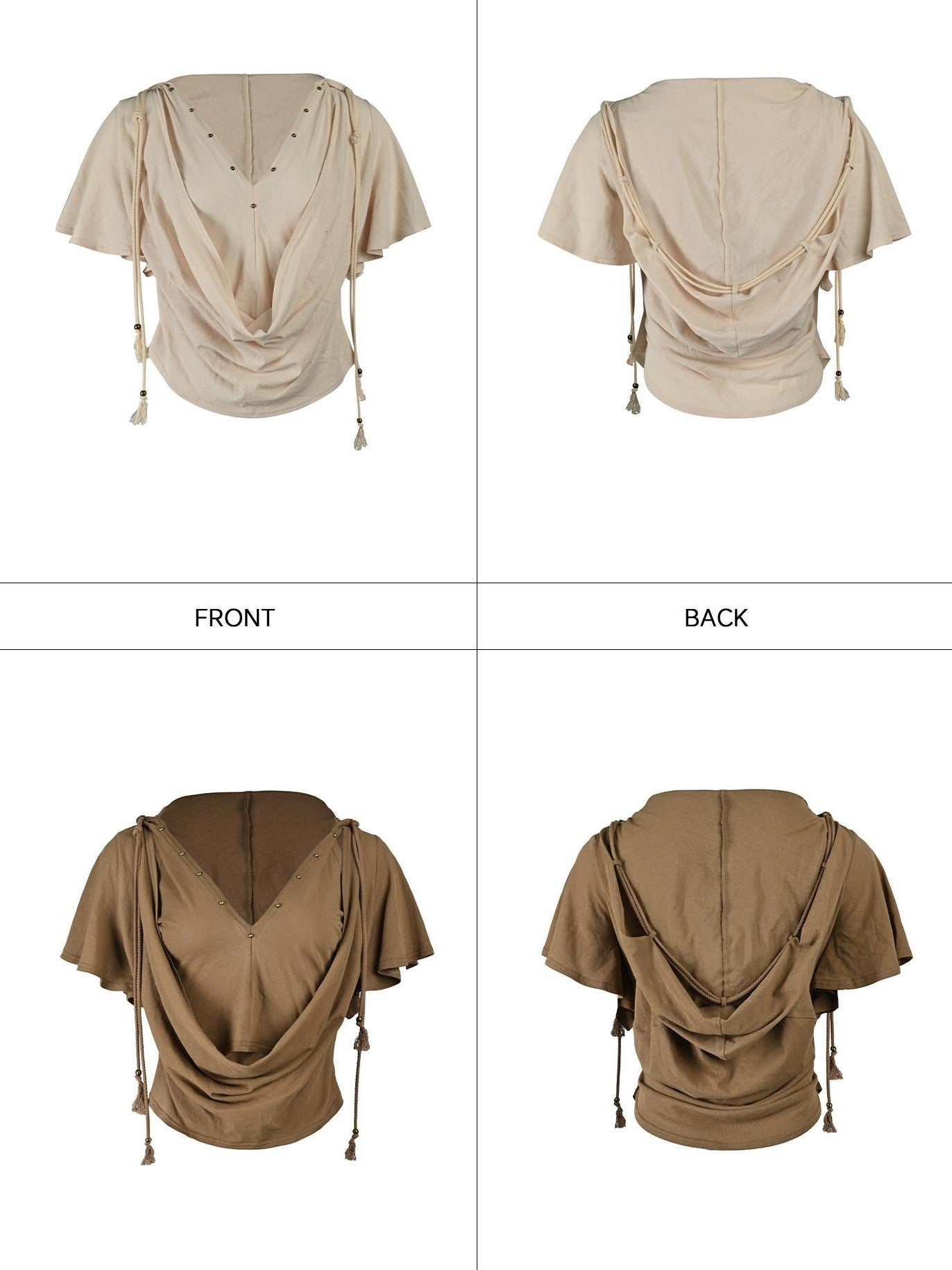 NORTH NODE Almond Faux Layered Hooded Ruched Drape Neck Women&