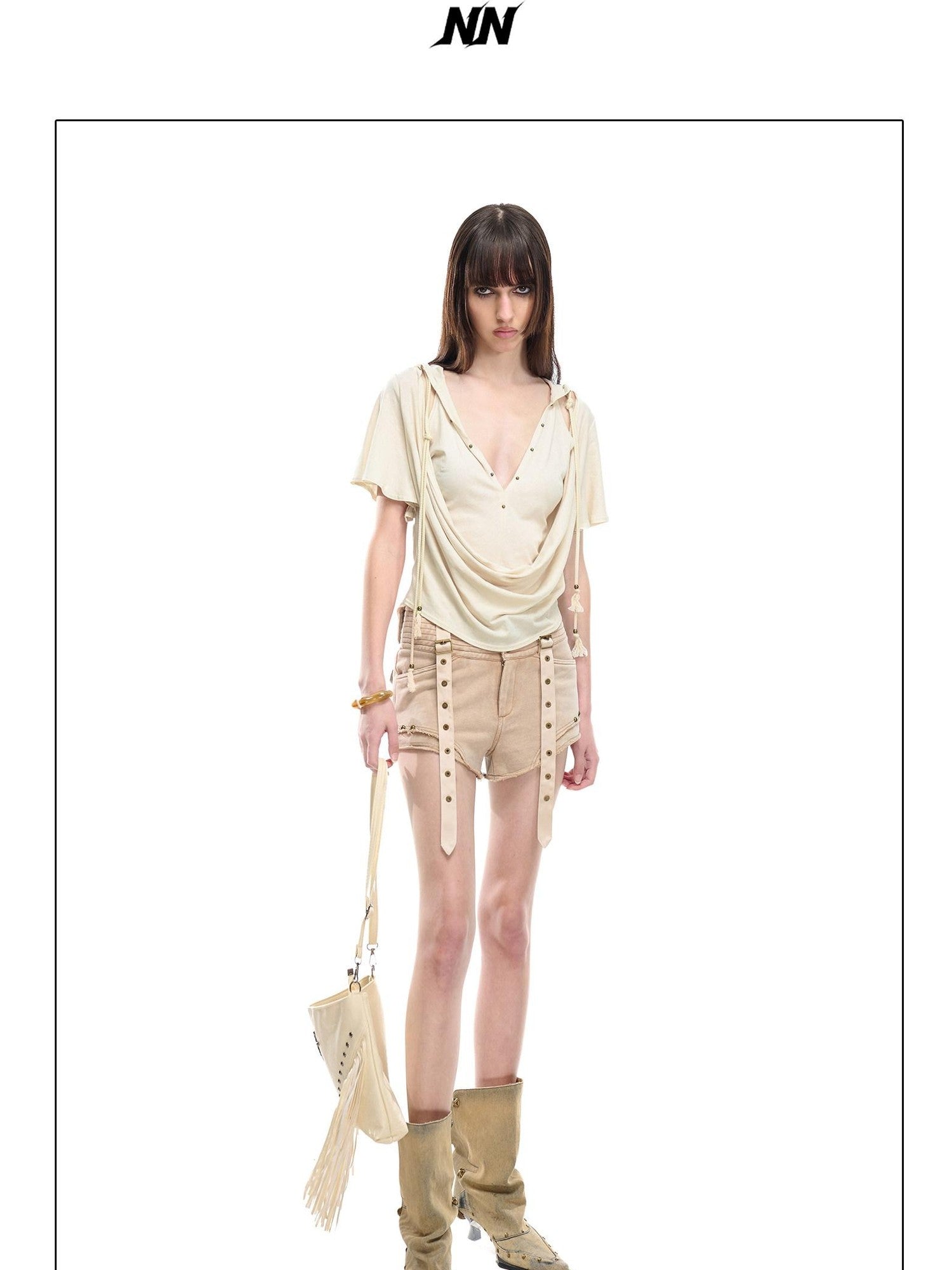 NORTH NODE Almond Faux Layered Hooded Ruched Drape Neck Women&