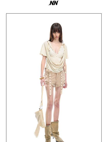 NORTH NODE Almond Faux Layered Hooded Ruched Drape Neck Women&