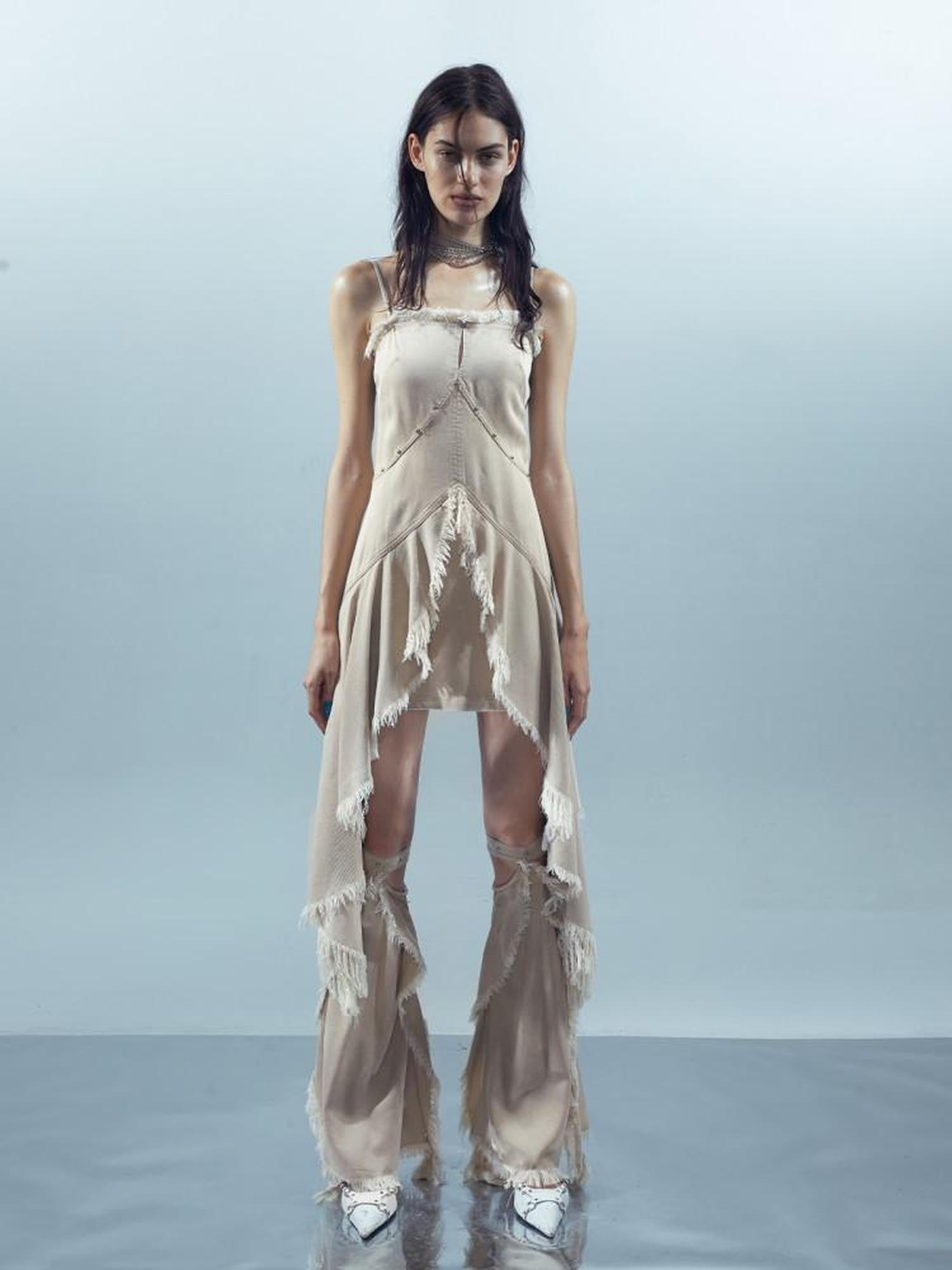 NORTH NODE Almond Frayed Ruffle Asymmetric Women&