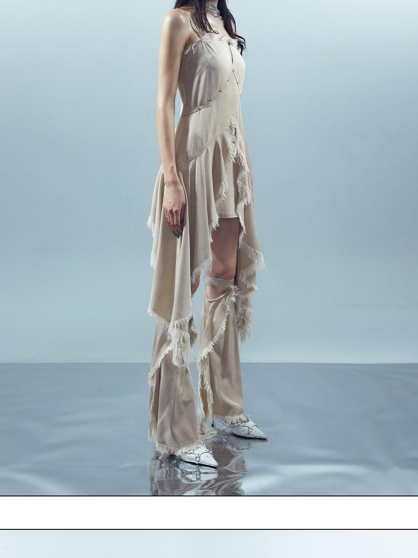 NORTH NODE Almond Frayed Ruffle Asymmetric Women&
