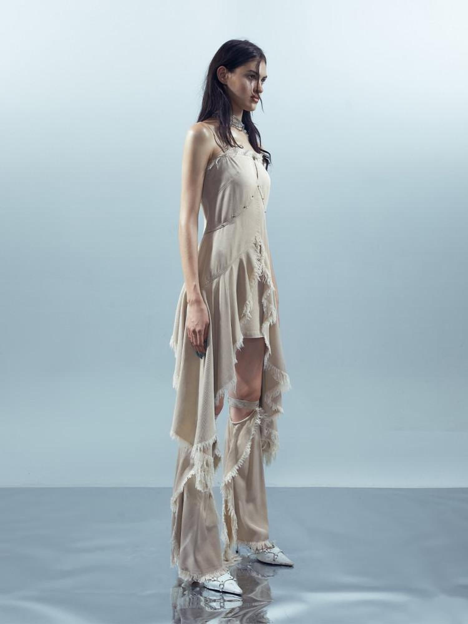 NORTH NODE Almond Frayed Ruffle Asymmetric Women&