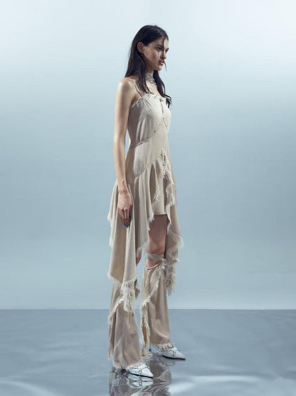 NORTH NODE Almond Frayed Ruffle Asymmetric Women&