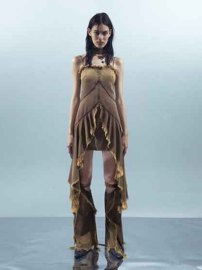 NORTH NODE Almond Frayed Ruffle Asymmetric Women&