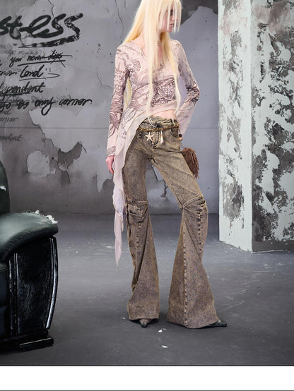 NORTH NODE Apricot Beaded Floral Print Asymmetric Ruffle Vneck Women&