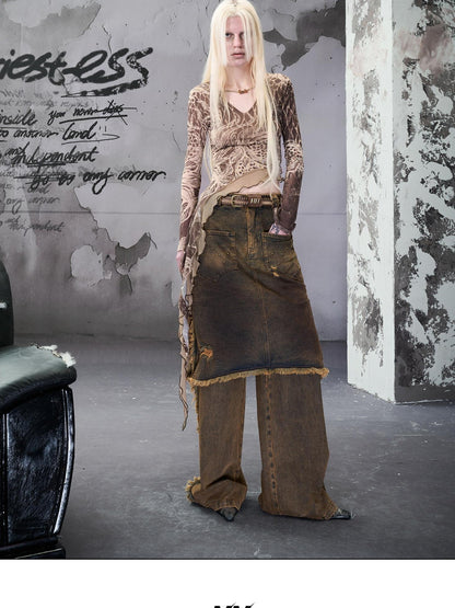 NORTH NODE Apricot Beaded Floral Print Asymmetric Ruffle Vneck Women&