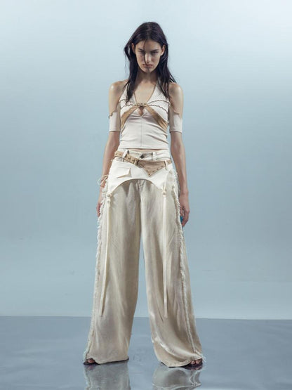 NORTH NODE Apricot Patchwork Studded Ruffle Halter Women&