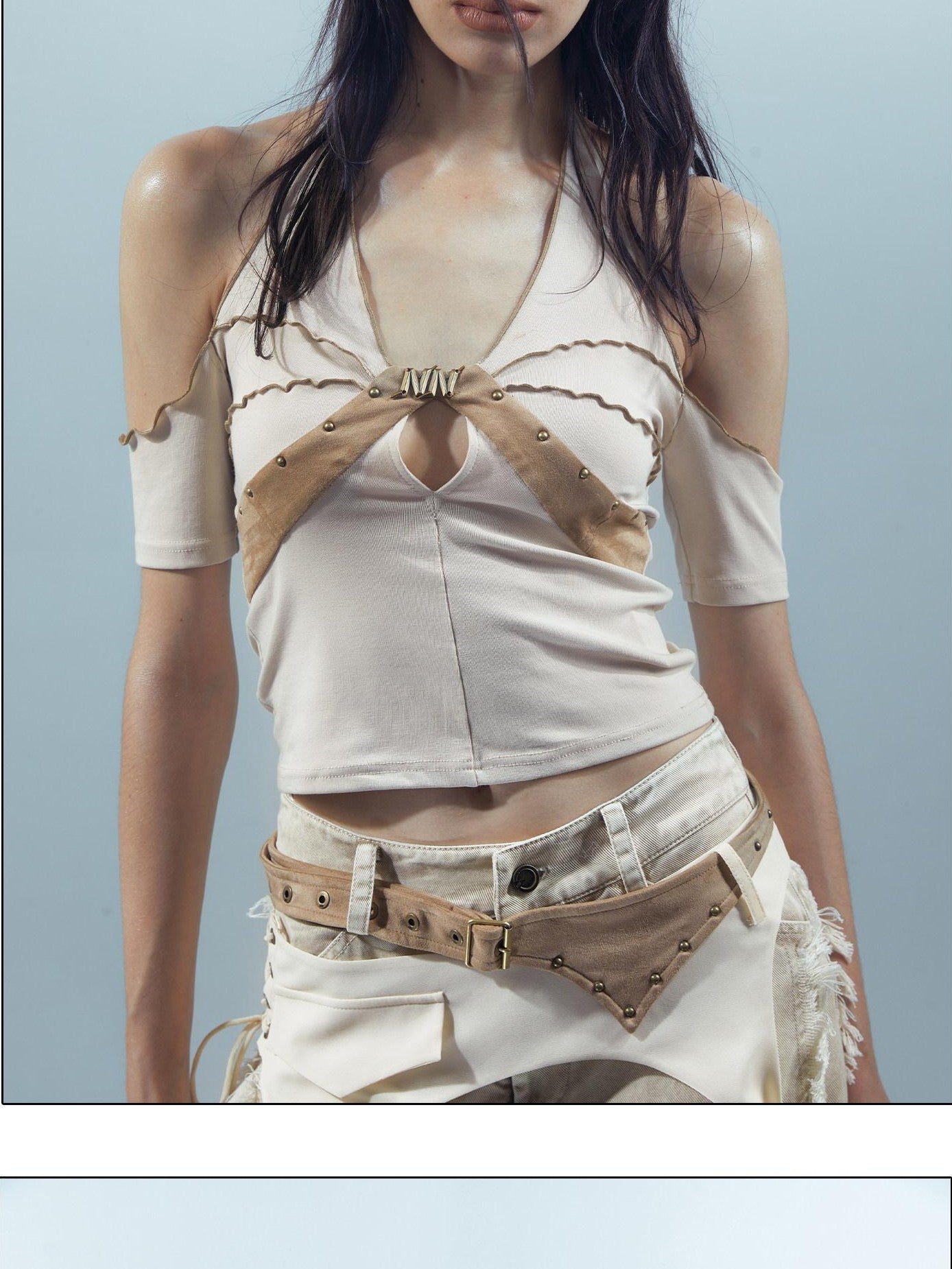 NORTH NODE Apricot Patchwork Studded Ruffle Halter Women&