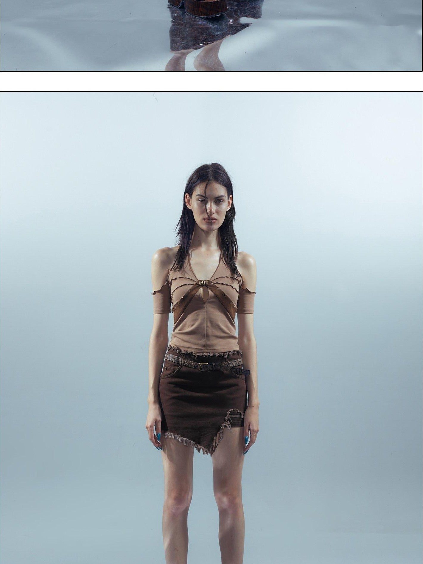 NORTH NODE Apricot Patchwork Studded Ruffle Halter Women&