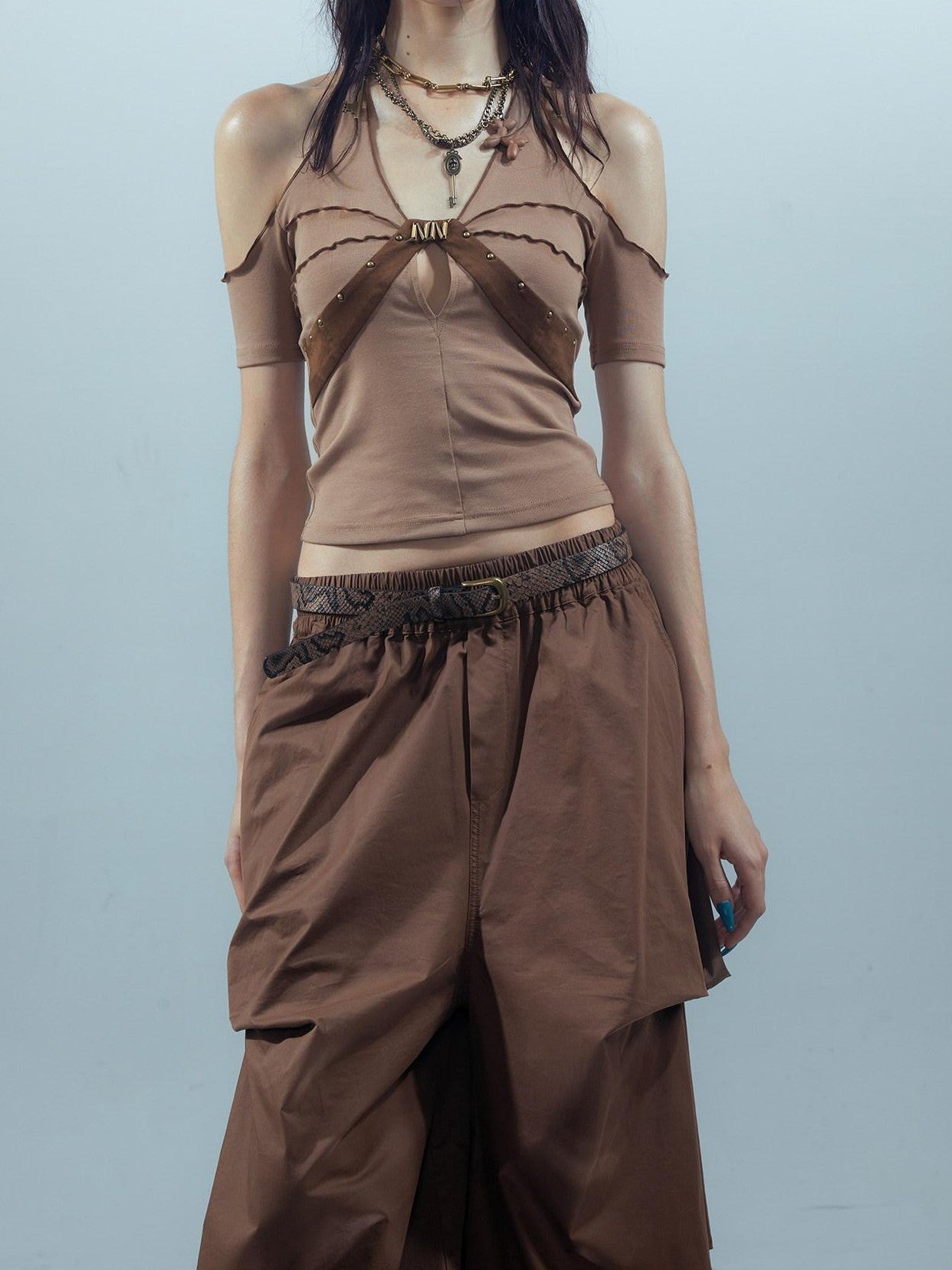 NORTH NODE Apricot Patchwork Studded Ruffle Halter Women&