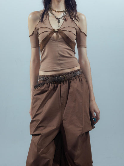 NORTH NODE Apricot Patchwork Studded Ruffle Halter Women&