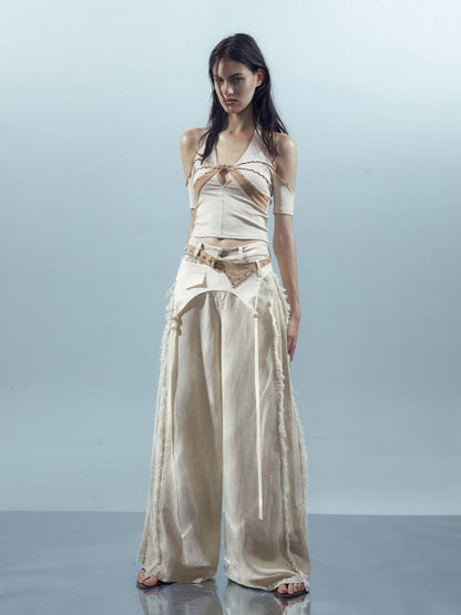 NORTH NODE Apricot Patchwork Studded Ruffle Halter Women&
